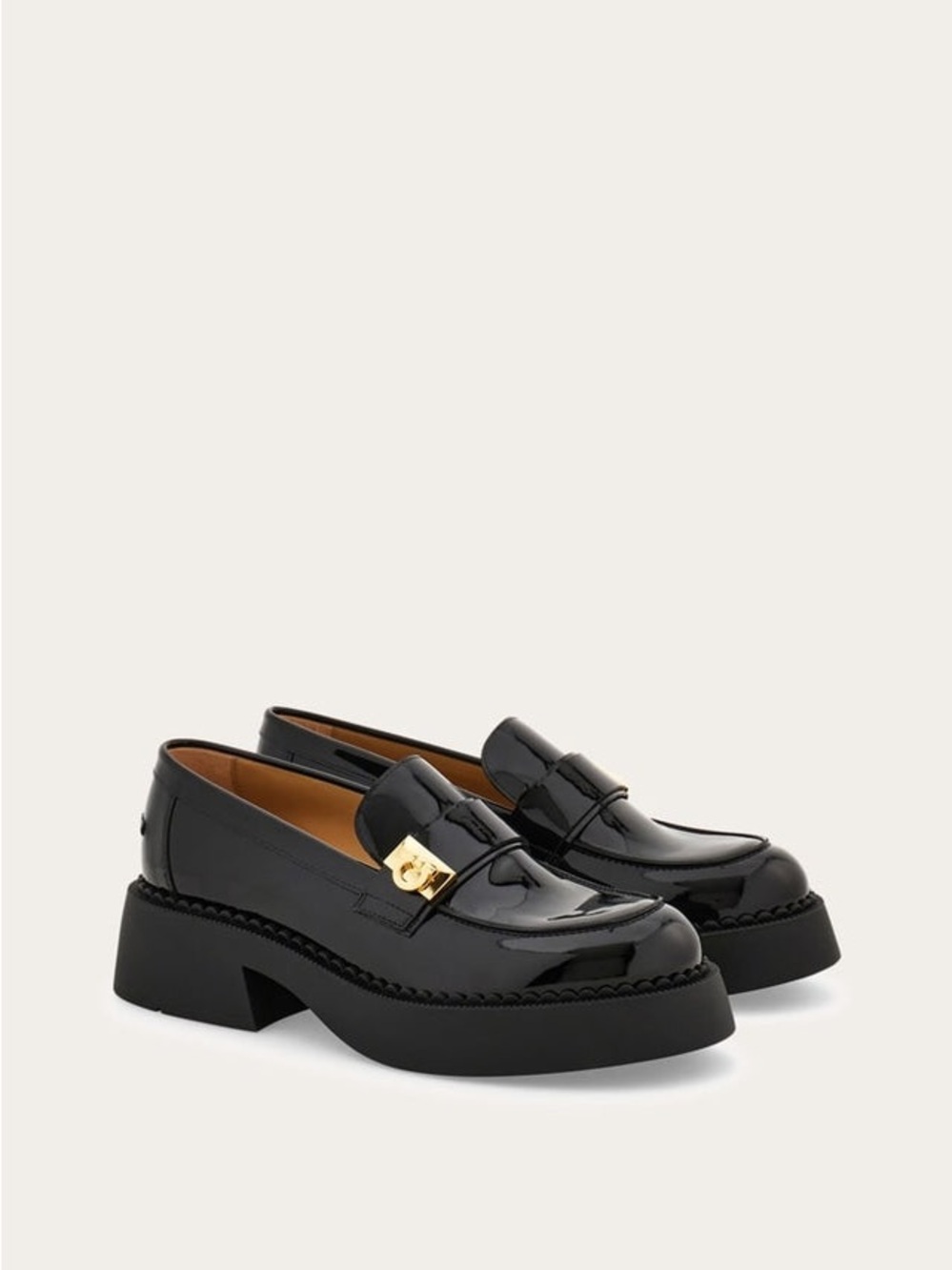Salvatore Ferragamo Black Patent Leather Platform Loafers with Gold Buckle